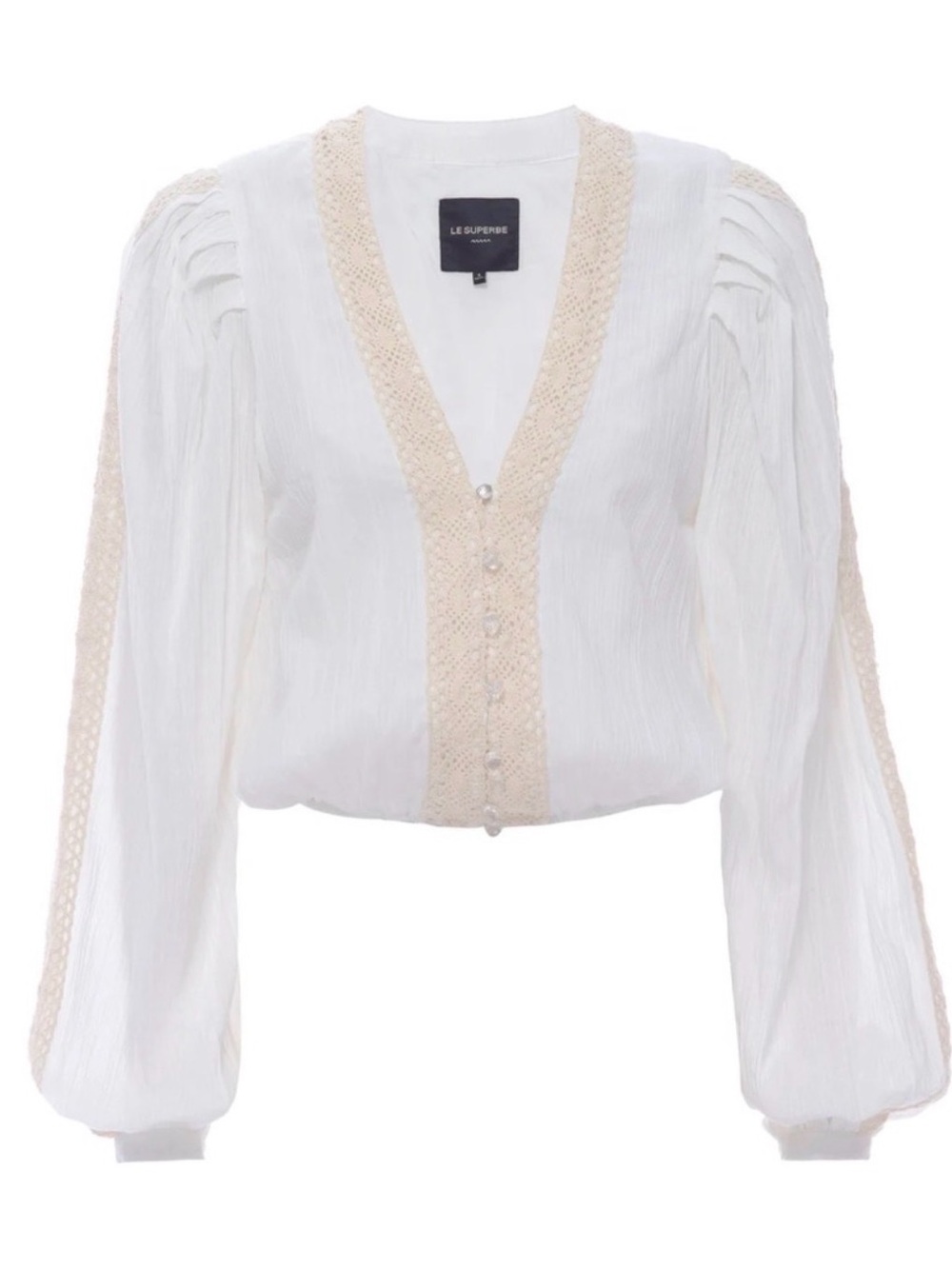 Le superbe white with Cream Lace-Trim V-Neck Blouse size 6 crystal buttons - Picture 4 of 11
